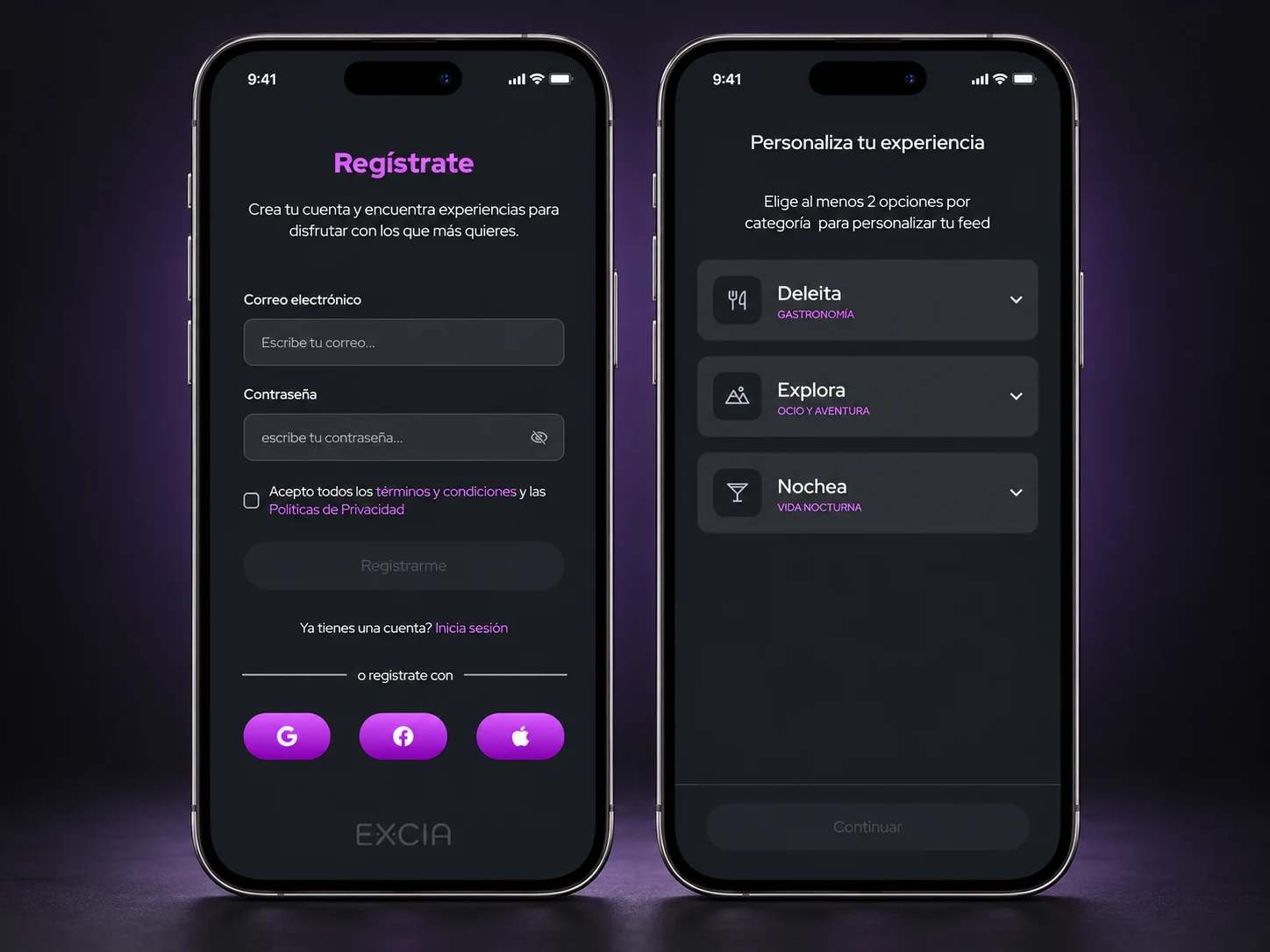 EXCIA — Registro y selección de preferencias